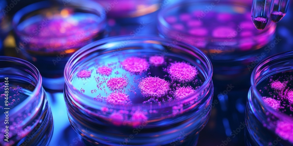 Microscopic view of bacterial growth in a petri dish, vivid details showing colony formations, with surrounding lab equipment