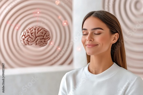 Peaceful Mindfulness Meditation with a Serene Young Woman Centering on the Intricate Design of a Brain as a Symbol of Inner Calm and Mental Clarity