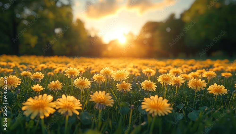 Obraz premium A close-up shot of a field of dandelions in full bloom.