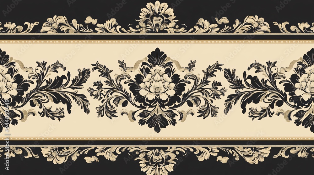 Elegant black and cream floral damask pattern embellishing a smooth background. Elegant black and cream floral damask pattern embellishing a smooth background.