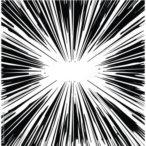 Dynamic black and white radial burst pattern creating a sense of energy and movement.