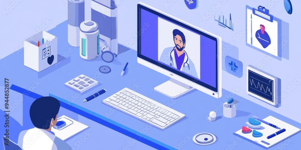 a telemedicine setup, with a doctor consulting a patient via a video call, medical tools in the background a telemedicine setup, with a doctor consulting a patient via a video call, medical tools in the background