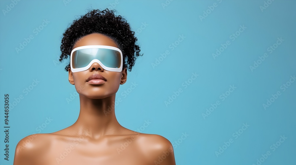 Woman with Futuristic Hologram Mask Showcasing Skincare Recovery Stages in Augmented Reality 3D Woman with Futuristic Hologram Mask Showcasing Skincare Recovery Stages in Augmented Reality 3D