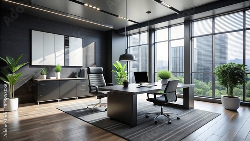 Wallpaper Mural modern minimalist office space with sleek furniture and natural light, evoking professionalism and sophistication, captured in high-contrast black and white, conveying corporate elegance Torontodigital.ca