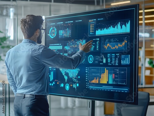 An office scene featuring a professional employee standing in front of a large digital screen