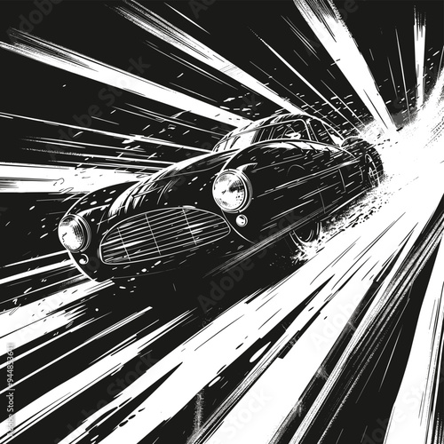 Dynamic black and white illustration of a vintage car speeding forward with motion lines creating a sense of high velocity.