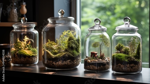 A collection of four glass terrariums filled with lush greenery, moss, and small stones, arranged on a dark wooden surface. 