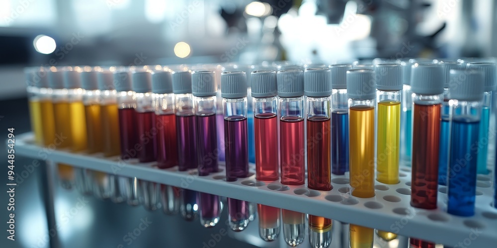 A rack of labeled test tubes, liquids in various colors, with a focused background showing high-tech lab equipment A rack of labeled test tubes, liquids in various colors, with a focused background showing high-tech lab equipment