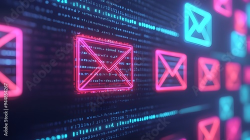 Futuristic Digital Notifications and Holographic Pop-ups in Neon-lit UI Design