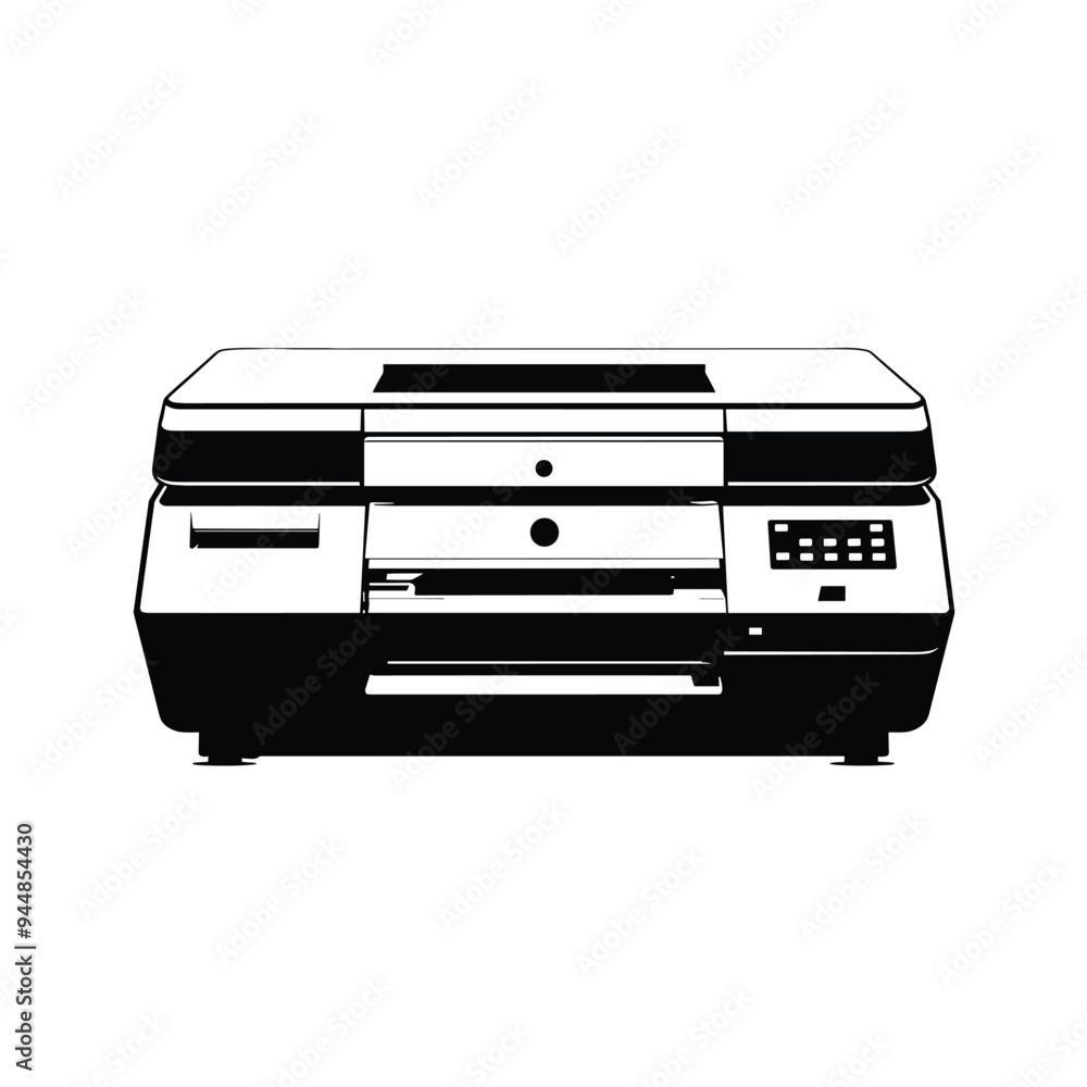 Black and white illustration of a modern desktop printer with various control buttons. Black and white illustration of a modern desktop printer with various control buttons.