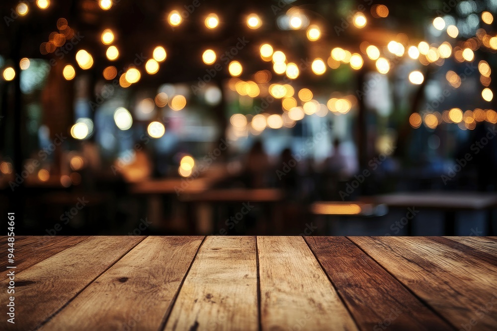 image of wooden table in front of abstract blurred background of resturant lights , ai image of wooden table in front of abstract blurred background of resturant lights , ai