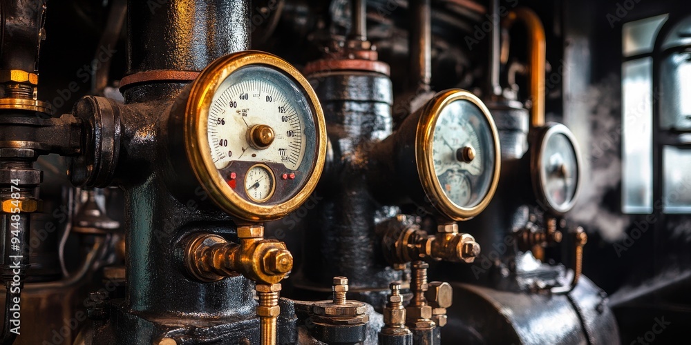 a steam engine in operation, with pressure gauges and heat exchangers visible, representing thermodynamic principles a steam engine in operation, with pressure gauges and heat exchangers visible, representing thermodynamic principles