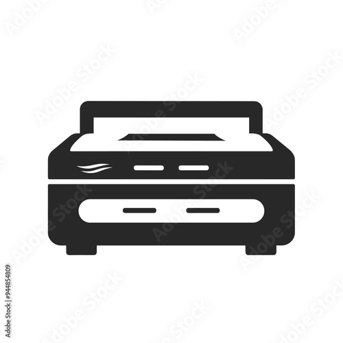 Black and white icon of a modern flatbed printer on a white background.