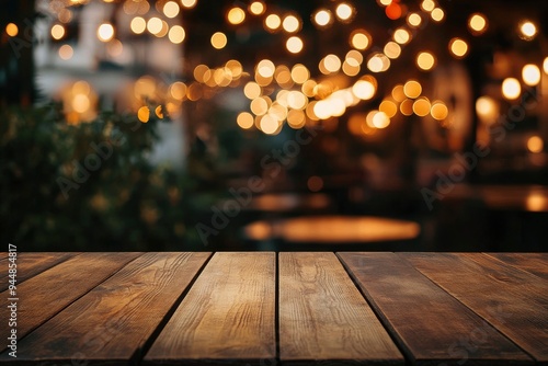 image of wooden table in front of abstract blurred background of resturant lights , ai