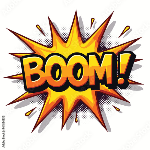 Comic book style explosion with the word 'BOOM!' in bold letters, set against a burst of bright yellow and orange colors.