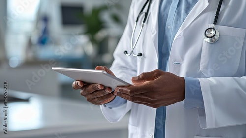 Macro view of a doctor hands using a tablet to review medical records