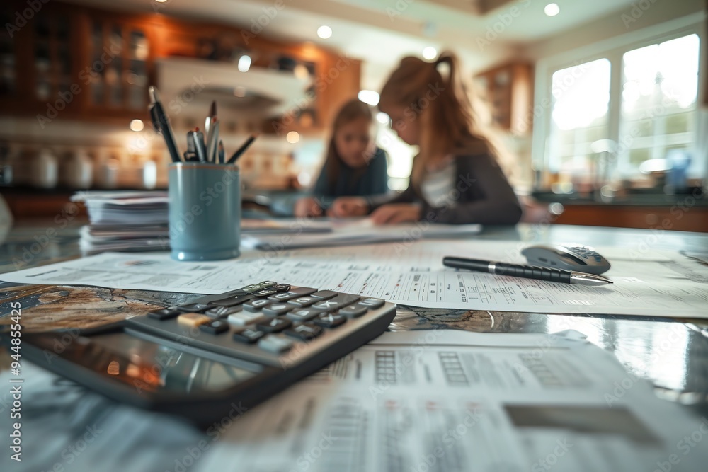 Fototapeta premium Two women are sitting at a table with a calculator and a pen