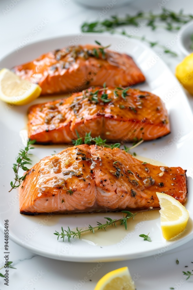 Deliciously grilled salmon fillets garnished with fresh herbs and lemon served on a white platter Deliciously grilled salmon fillets garnished with fresh herbs and lemon served on a white platter
