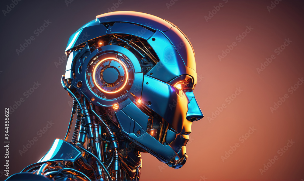 A close-up of a blue and gold robotic head with glowing orange lights, set against a dark blue and orange background A close-up of a blue and gold robotic head with glowing orange lights, set against a dark blue and orange background