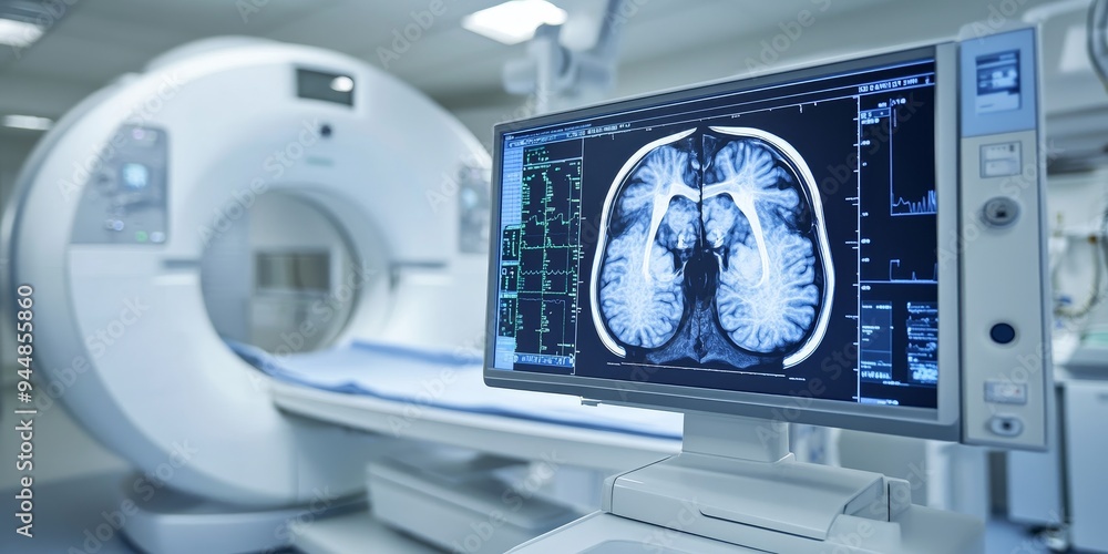 Detailed view of an MRI scan being analyzed on a digital monitor, with surrounding medical equipment in soft focus Detailed view of an MRI scan being analyzed on a digital monitor, with surrounding medical equipment in soft focus