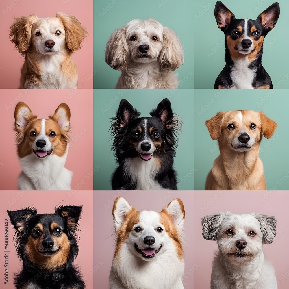 A Diverse Collection of Adorable Dog Portraits with Pastel Color Backgrounds A Diverse Collection of Adorable Dog Portraits with Pastel Color Backgrounds