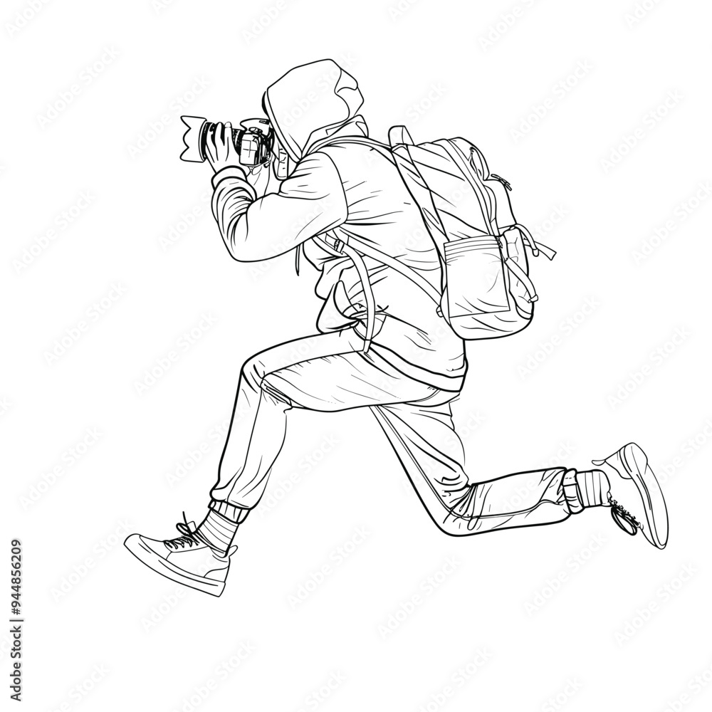Fototapeta premium Sketch of a person in a hoodie and backpack running while holding a camera.
