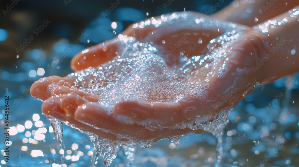 Fototapeta premium Macro view of a hand washing with antibacterial soap