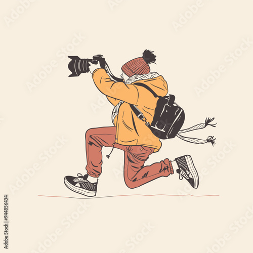 Illustration of a young photographer kneeling with a camera, dressed in casual winter attire and a backpack.