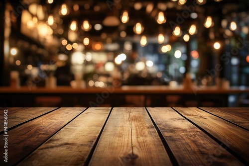 image of wooden table in front of abstract blurred background of resturant lights , ai