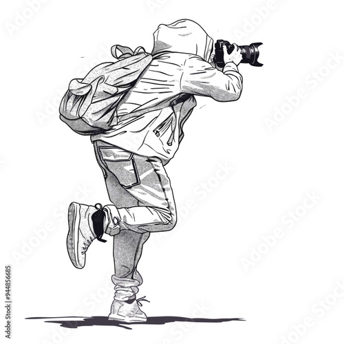 Sketch of a male photographer in a hoodie and backpack capturing a photo with a camera.