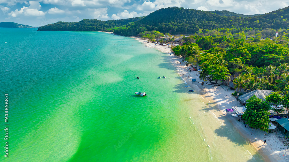 Aerial view of Phu Quoc Island Coastal Scenery (Khem Beach), Vietnam. Emerald Bay, a Popular Tourism Destination for Summer Vacation in Southeast Asia, with Tropical Climate and Beautiful Landscape.