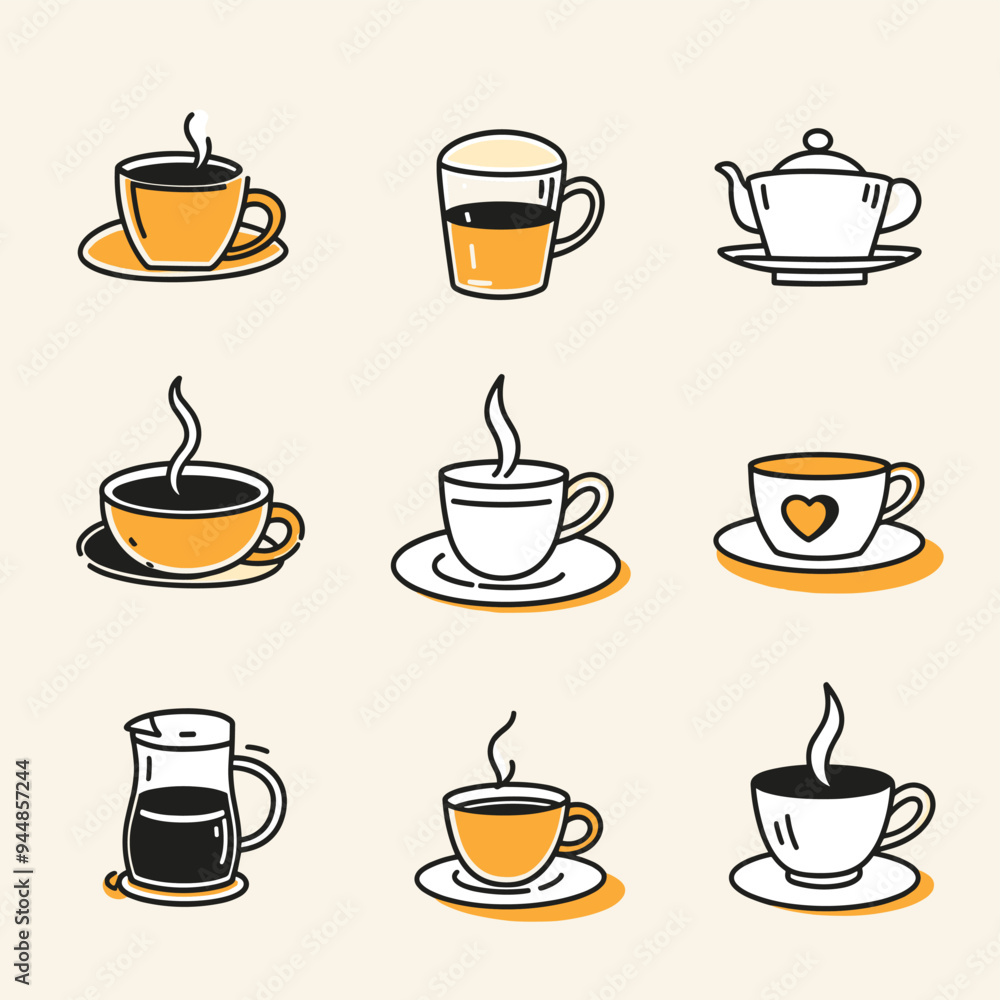 Illustration of various coffee cups, mugs, and teapots with simple, minimalistic design elements on a beige background. Illustration of various coffee cups, mugs, and teapots with simple, minimalistic design elements on a beige background.
