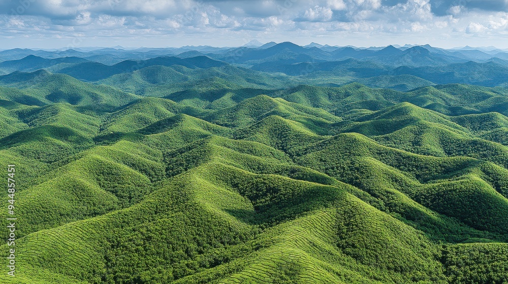 Fototapeta premium Aerial View of Vast Green Rolling Hills Under a Cloudy Sky, Showcasing the Lush Forests and Serene Landscape of a Picturesque Countryside