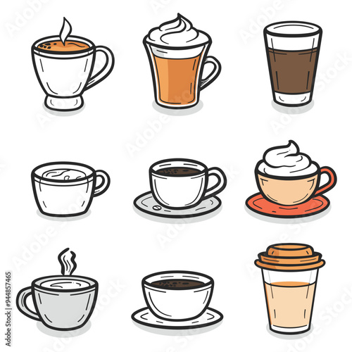 Wallpaper Mural Collection of various coffee drinks including espresso, latte, cappuccino, and iced coffee in hand-drawn style. Torontodigital.ca