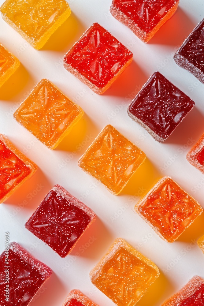 Colorful gummy candies arranged neatly in rows on a white background perfect for a sweet treat or party snacks Colorful gummy candies arranged neatly in rows on a white background perfect for a sweet treat or party snacks
