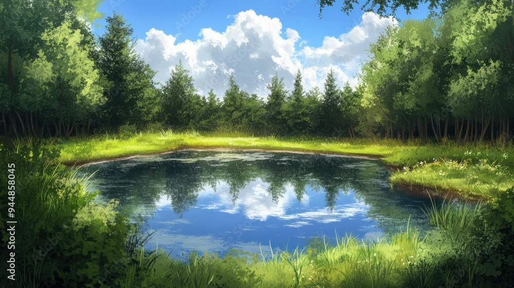 Tranquil Forest Pond with Reflecting Sky and Clouds Tranquil Forest Pond with Reflecting Sky and Clouds