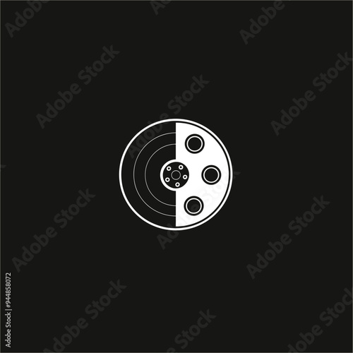 Minimalist yin-yang style vinyl record icon with musical notes on dark background.