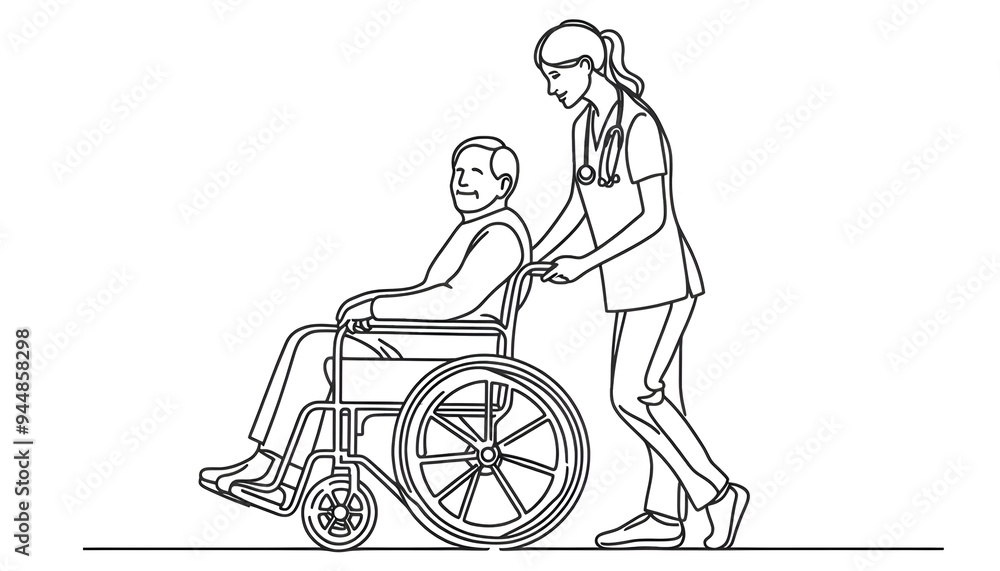 Continuous Line Drawing of Female Doctor Transferring an Old Senior ...