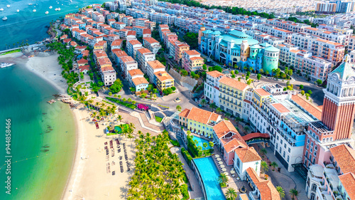 Colorful buildings Mediterranean area in An Thoi town, Phu Quoc island, Vietnam. Aerial View, Home to the most luxurious resort apartments on the island in the Gulf of Thailand photo