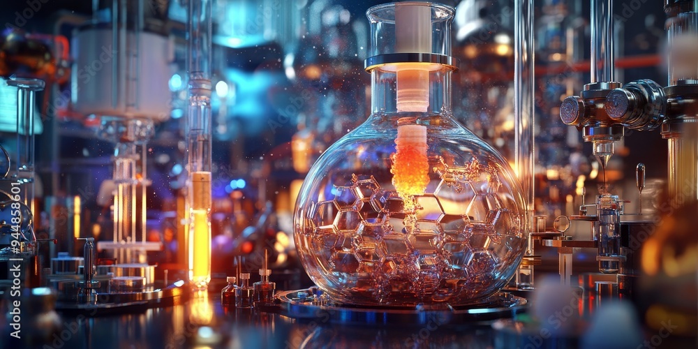 Fototapeta premium an inorganic synthesis process, with reagents being carefully added to a reaction vessel