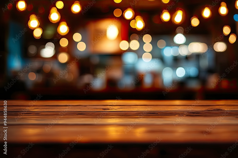 image of wooden table in front of abstract blurred background of resturant lights , ai image of wooden table in front of abstract blurred background of resturant lights , ai