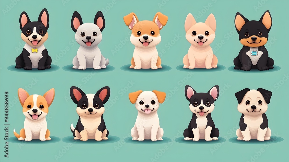Obraz premium Cartoon Style Collection of Various Worldwide Dog Breeds on Pastel Color Background