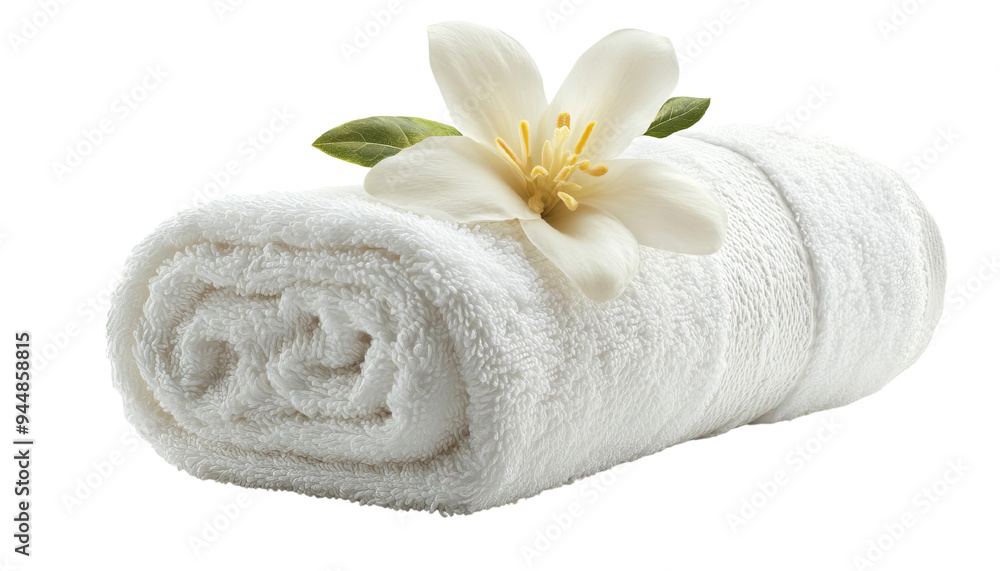 A neatly rolled white towel adorned with a delicate flower, perfect for spa, wellness, or bathroom decor. A neatly rolled white towel adorned with a delicate flower, perfect for spa, wellness, or bathroom decor.