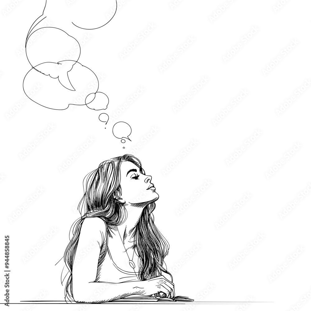A thoughtful young woman with long hair gazes upwards, imagining or reflecting. A thoughtful young woman with long hair gazes upwards, imagining or reflecting.