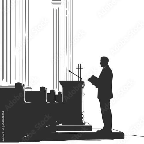 Silhouette of a man speaking at a podium in a formal setting.