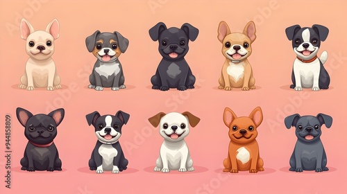 Cute Cartoon Style Dogs of Various Breeds on Pastel Color Background