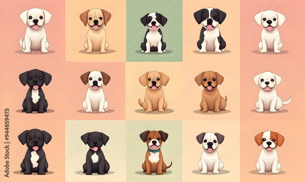 Adorable Cartoon Style Puppies in Diverse Breeds with Pastel Color Backgrounds Adorable Cartoon Style Puppies in Diverse Breeds with Pastel Color Backgrounds