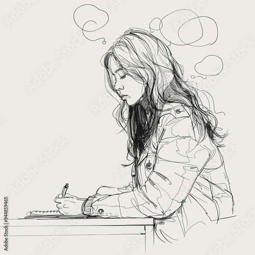 Young woman sketching ideas, lost in thought, wearing a jacket, sketched drawing style.