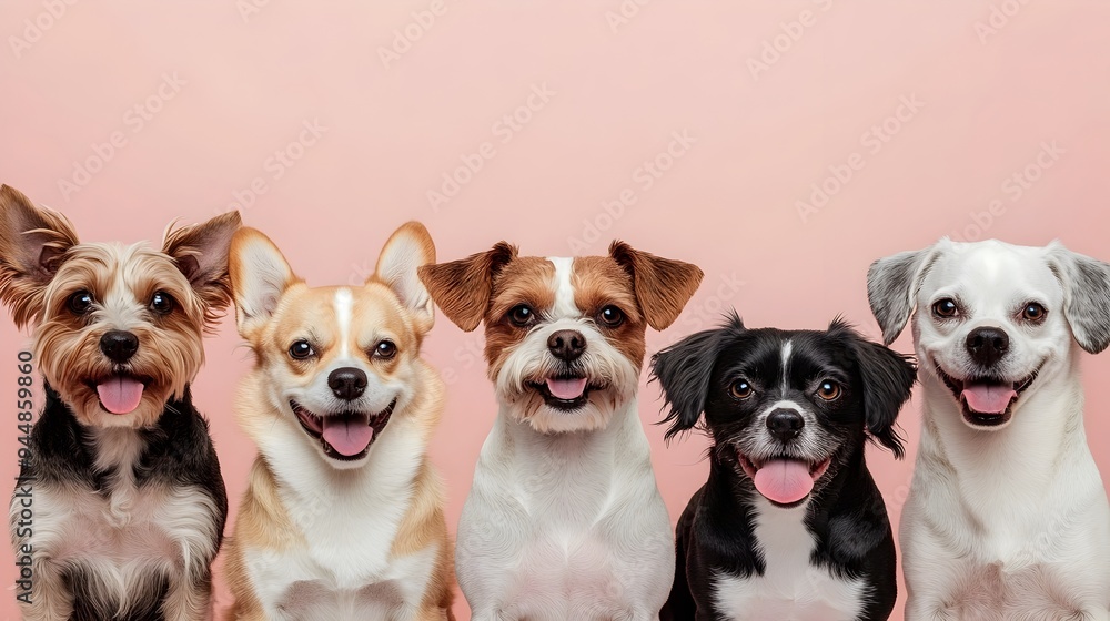Diverse Breeds of Smiling Dogs Posing Together on Pastel Colored Background Diverse Breeds of Smiling Dogs Posing Together on Pastel Colored Background