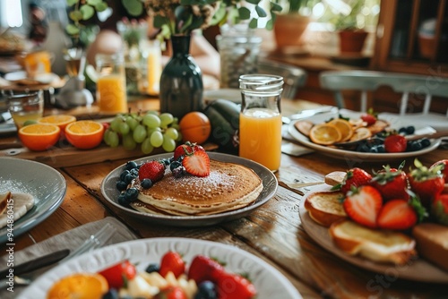 A table with a variety of breakfast foods and fruit, including pancakes, strawberries, and oranges